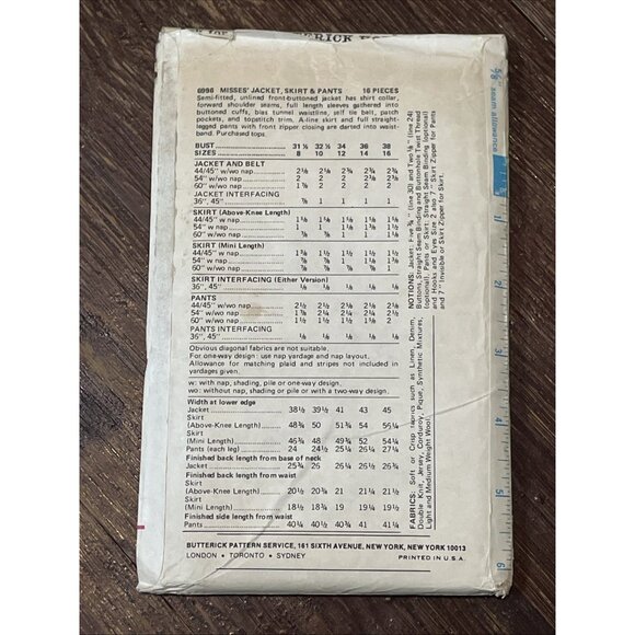 Butterick 6996 Pattern Vintage 1970s Misses Jacket Skirt Pants 14 UNCUT - Picture 2 of 4